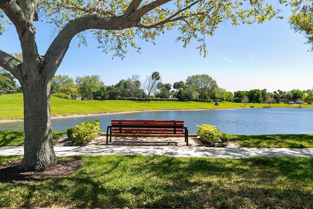 view of community featuring a lawn and a water view