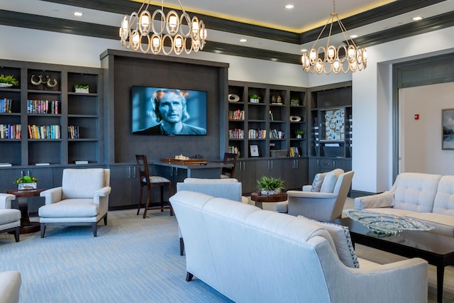 living room with an inviting chandelier, recessed lighting, carpet, and ornamental molding