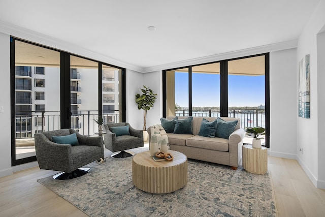 living area with baseboards, light wood finished floors, ornamental molding, floor to ceiling windows, and a water view