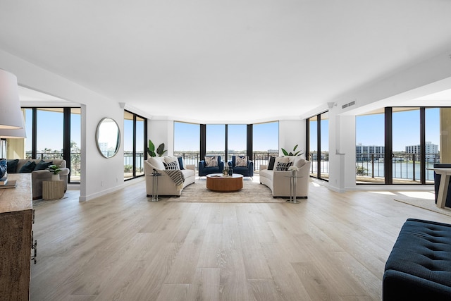 living room featuring a healthy amount of sunlight, a wall of windows, and light wood-style floors