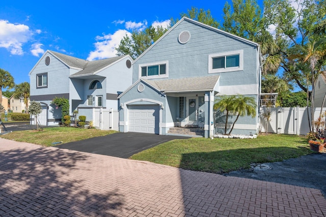 view of front of home featuring stucco siding, driveway, fence, and a gate