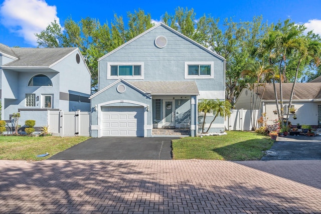 view of front of home featuring a front lawn, fence, a garage, driveway, and a gate