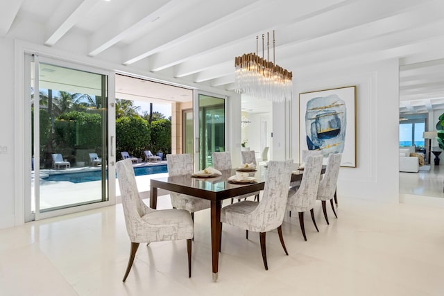 dining space featuring an inviting chandelier and beamed ceiling