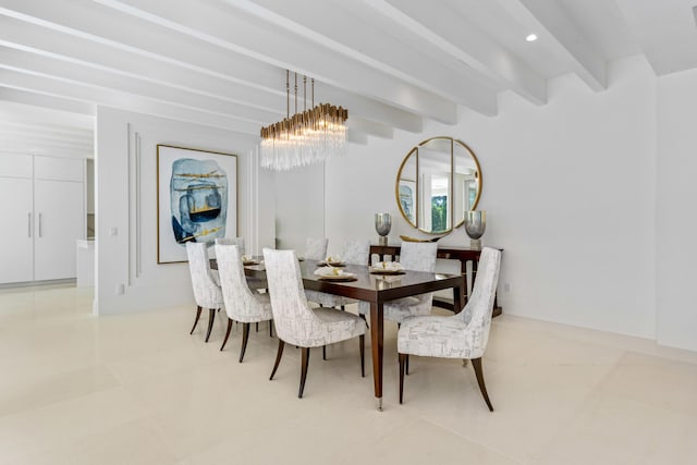 dining space with recessed lighting, beamed ceiling, and an inviting chandelier