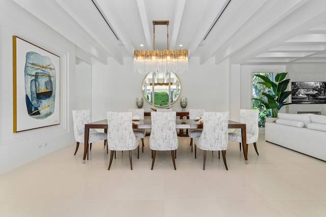 dining area featuring beam ceiling and a notable chandelier