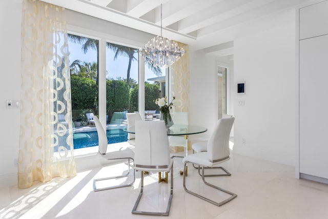 dining space with beam ceiling and a notable chandelier