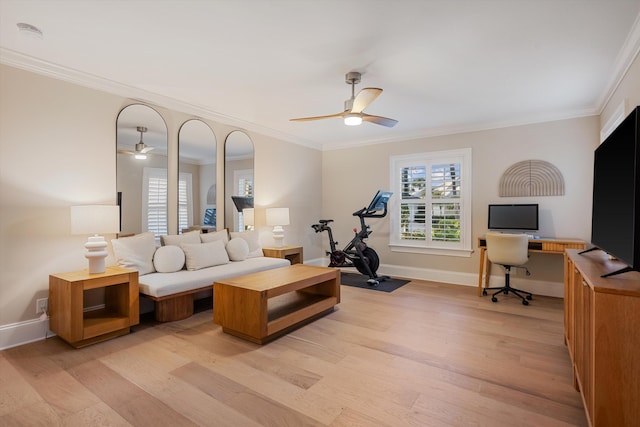 bedroom with a ceiling fan, light wood-type flooring, baseboards, and ornamental molding