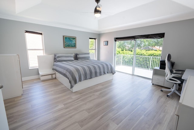 bedroom featuring a tray ceiling, access to outside, multiple windows, and light wood-style flooring