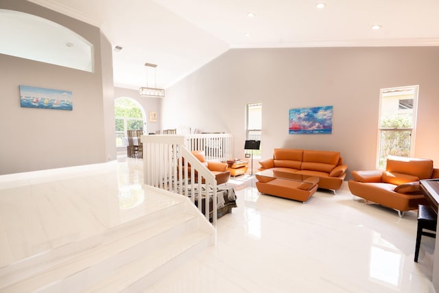 living room featuring visible vents, recessed lighting, crown molding, and lofted ceiling