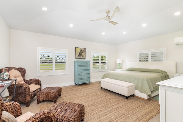 13408 55th St S, Wellington, FL 33449 - bedroom featuring baseboards, an AC wall unit, ceiling fan, and recessed lighting