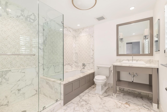 13408 55th St S, Wellington, FL 33449 - bathroom featuring a marble finish shower, a sink, toilet, and a garden tub