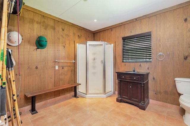 13408 55th St S, Wellington, FL 33449 - full bath with toilet, a stall shower, tile patterned floors, and wooden walls