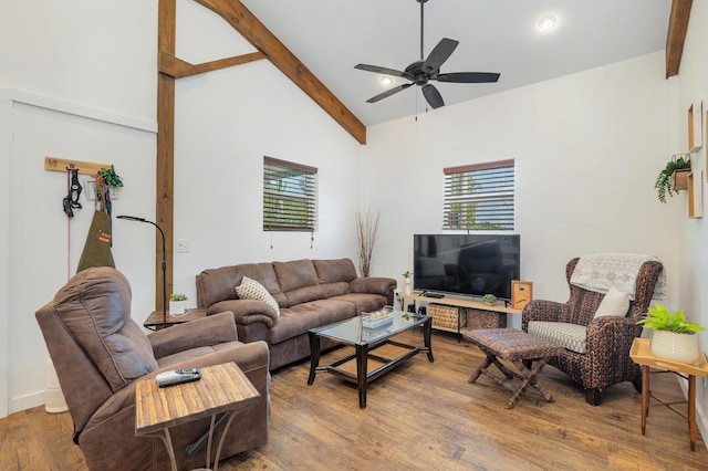 13408 55th St S, Wellington, FL 33449 - living room with high vaulted ceiling, beam ceiling, ceiling fan, and wood finished floors