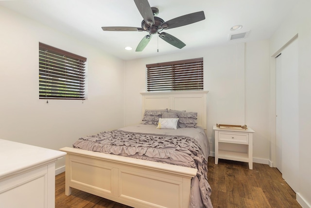 13408 55th St S, Wellington, FL 33449 - bedroom featuring dark wood-style floors, visible vents, ceiling fan, and recessed lighting