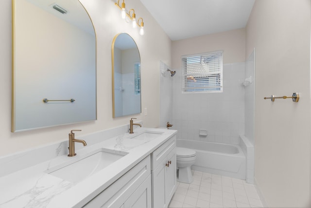 full bathroom featuring a sink, visible vents, toilet, and double vanity