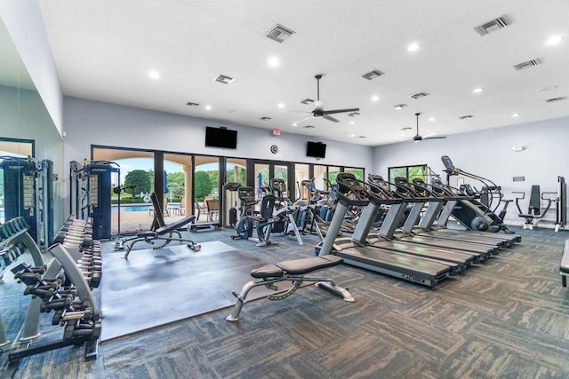 exercise room featuring visible vents and ceiling fan