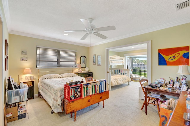 1 Church Ln Unit 111, North Palm Beach, FL 33408 - bedroom featuring crown molding, visible vents, carpet flooring, and a textured ceiling