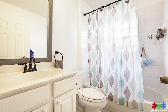 bathroom featuring shower / bath combo with shower curtain, toilet, and vanity