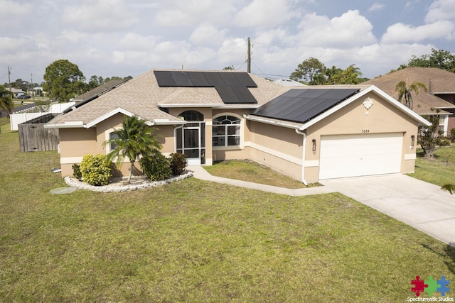 ranch-style home with stucco siding, concrete driveway, a front lawn, and a shingled roof