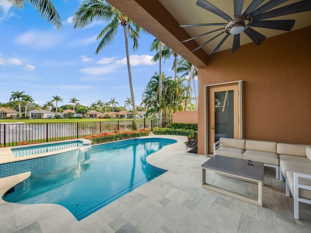 view of swimming pool with a fenced in pool, outdoor lounge area, a fenced backyard, a ceiling fan, and a patio