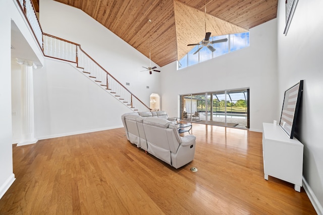 living room with stairway, wood ceiling, and wood finished floors