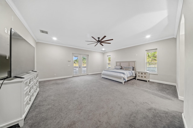 bedroom featuring visible vents, ornamental molding, carpet floors, french doors, and access to outside