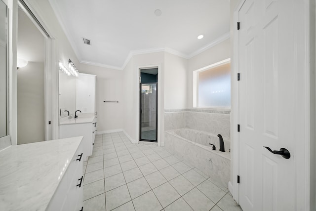 8686 Andrews Ave, Fort Pierce, FL 34945 - full bathroom with vanity, a garden tub, ornamental molding, tile patterned flooring, and baseboards
