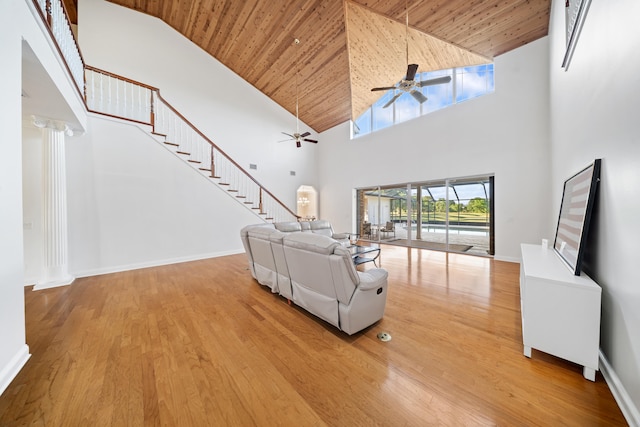 8686 Andrews Ave, Fort Pierce, FL 34945 - living area with ceiling fan, wooden ceiling, high vaulted ceiling, stairway, and wood finished floors