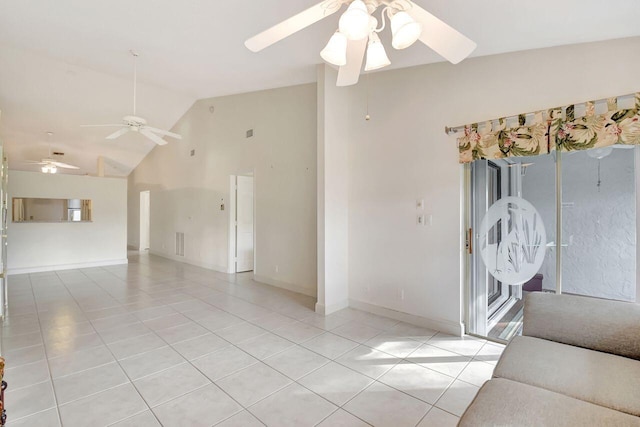 living room featuring visible vents, high vaulted ceiling, a ceiling fan, light tile patterned flooring, and baseboards