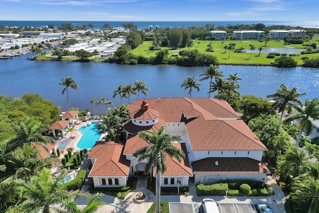 drone / aerial view featuring a water view