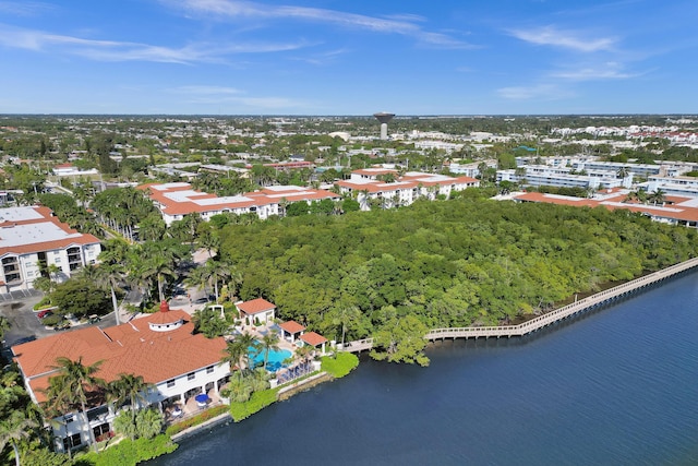 bird's eye view with a water view