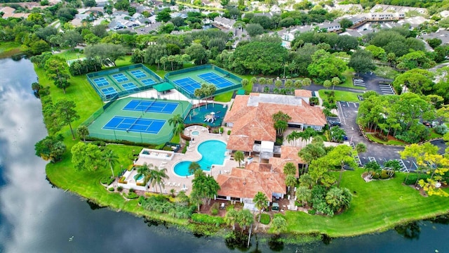 birds eye view of property featuring a water view