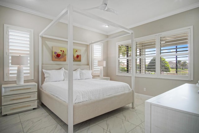 bedroom with multiple windows, marble finish floor, and crown molding