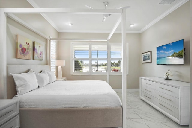 bedroom with marble finish floor, baseboards, and ornamental molding