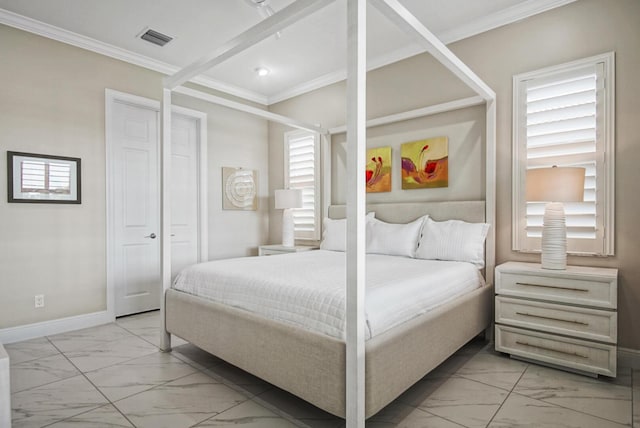 bedroom with visible vents, marble finish floor, baseboards, and ornamental molding