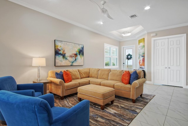 living room with crown molding, recessed lighting, baseboards, and marble finish floor