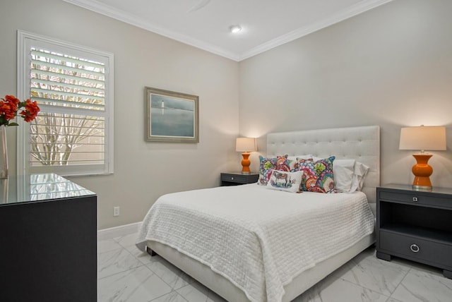 bedroom with marble finish floor, crown molding, and baseboards