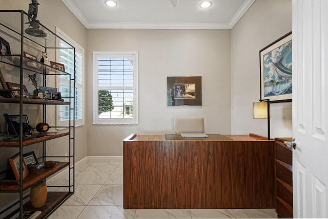 office area with baseboards, plenty of natural light, marble finish floor, and ornamental molding