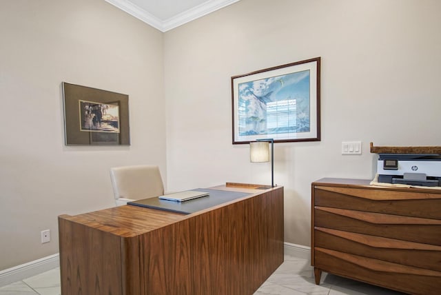 home office featuring baseboards, marble finish floor, and ornamental molding