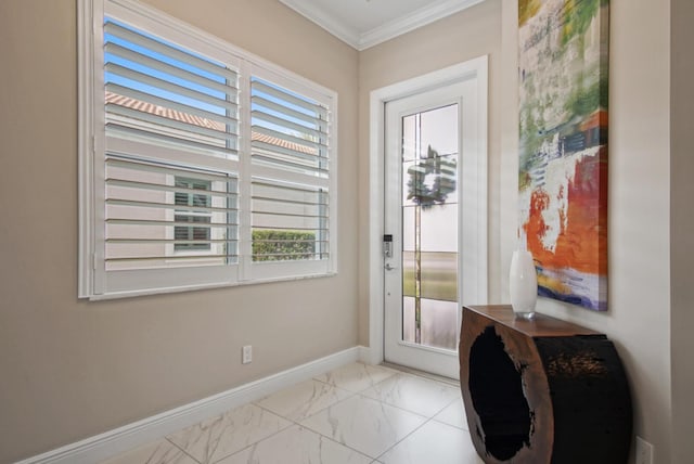 entryway with baseboards, marble finish floor, and crown molding