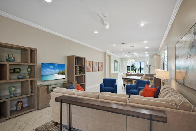 living area featuring recessed lighting, marble finish floor, visible vents, and ornamental molding