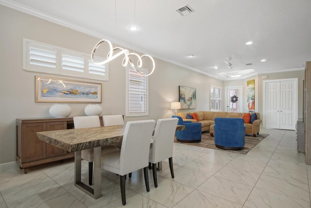 dining area featuring recessed lighting, visible vents, marble finish floor, and ornamental molding