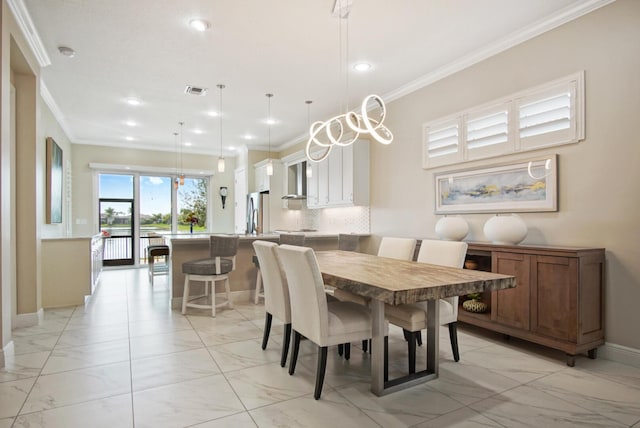 dining space with recessed lighting, baseboards, marble finish floor, and ornamental molding