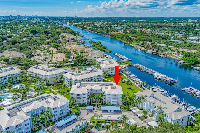 aerial view featuring a water view