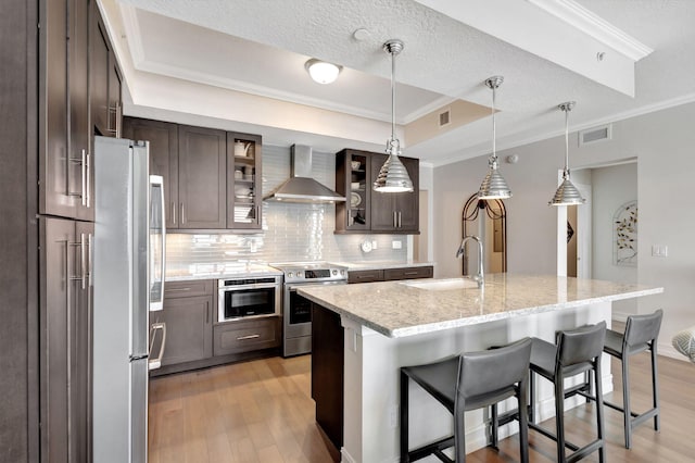 kitchen featuring light wood-type flooring, a sink, a tray ceiling, appliances with stainless steel finishes, and wall chimney range hood