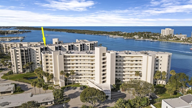 bird's eye view with a water view