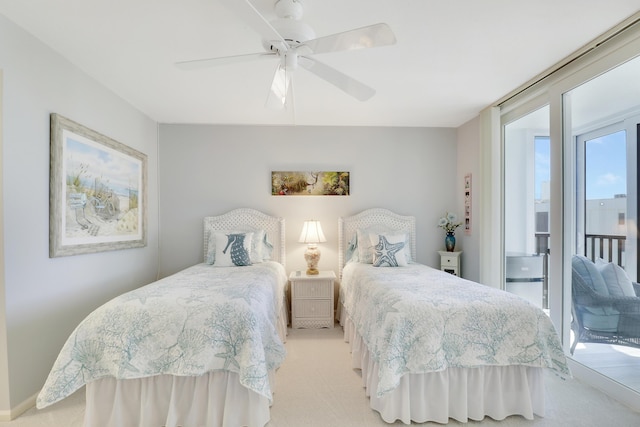 bedroom with light carpet, access to exterior, and a ceiling fan