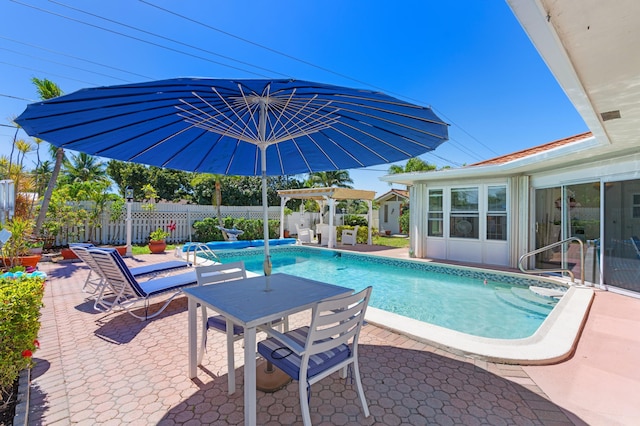 view of pool featuring a fenced in pool, fence, a patio area, outdoor dining space, and a pergola