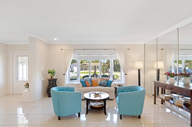 living area featuring light tile patterned flooring, baseboards, and ornamental molding