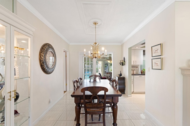 dining space with french doors, baseboards, light tile patterned flooring, and ornamental molding